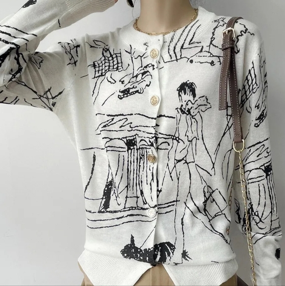 Graffiti Digital Jacquard Fine Imitation Fashion Wool Knitted Cardigan - Picture 4 of 5